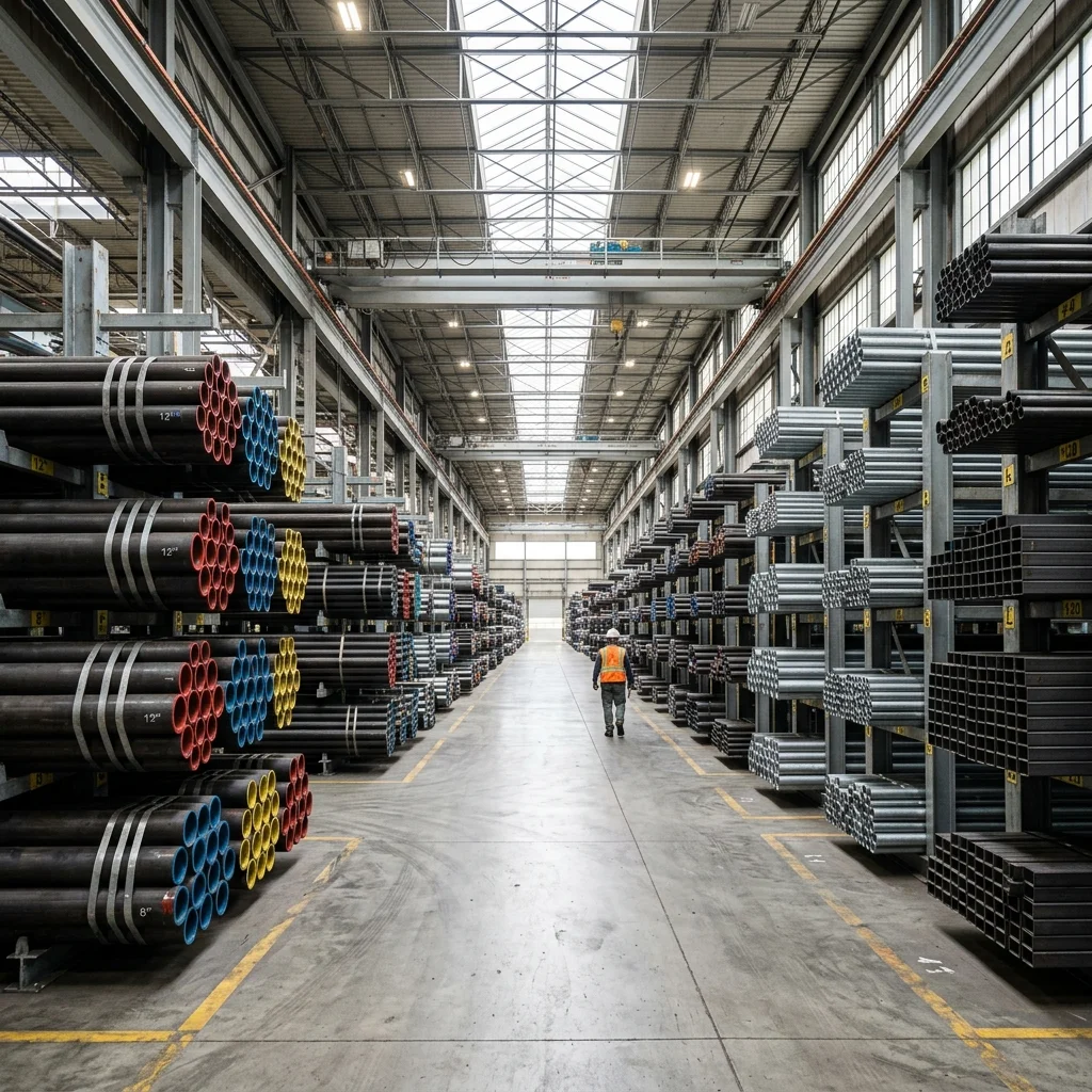 Stacked steel warehouse corridor